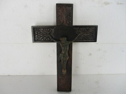 Small vintage Wooden Hanging Crucifix Jesus Christ Spelter Corpus Hand Carved Wood Lovely