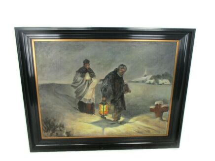 Stunning Oil Painting on Canvas Framed Beautiful Priest with Lantern bearer called to give the Last Rites Sick Call