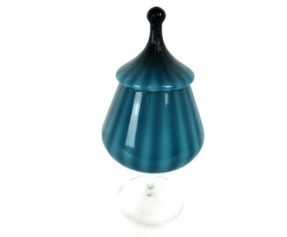 Vintage Goblet Apothecary Jar Lidded Optic Art Glass Blue Mid Century funky Italian