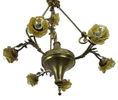 Hollywood Regency Chandelier 7 Lights Amber Shades Putti Brass Empire WOW