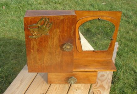 Antique French Wood Medicine Cabinet decorated Glass mirror Fish Brass apothecary