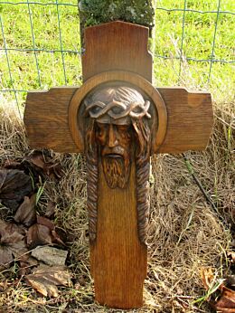 Hand Carved Oak Hanging Crucifix Cross Jesus Christ Carving Head of Thorns