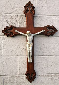 Large French Carved Wood Hanging Crucifix Antique corpus Fleur de lis 29.53"