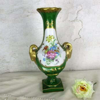 French Couleuvre Vase Pitcher Centerpiece Hand Painted Porcelain Rams Heads