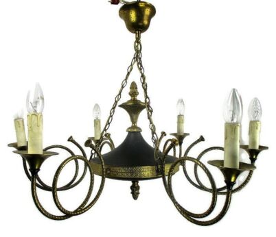 French Empire Pan Chandelier Green Tole Brass 6 arms Hollywood Regency trumpets
