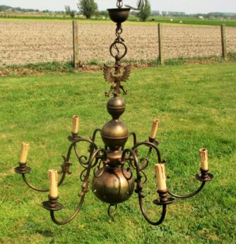 Vintage Large Ornate Flemish Dutch 6 Arms Chandelier Lights Brass Eagle Fish