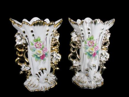 Lovely couple mini Vintage French Porcelain Fan Flair Bridal Cornets Vases 5.11"