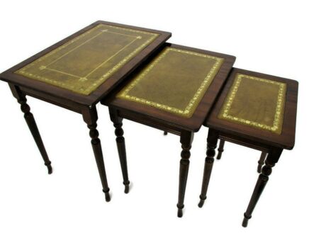 Set of 3 Stacking Nesting Tables Wood with Green Faux Leather on top Vintage