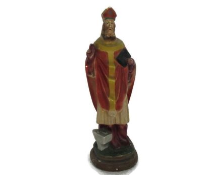Small Statue Saint Eligius Elooi Patron Saint of Blacksmiths Gold and Silverversmiths Plaster HTF Collector Polychrome