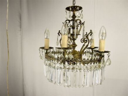 Antique French Hollywood Regency Chandelier Prisms 5 arm Ornate Brass Romantic