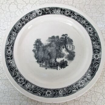 Antique 1900 Sepia Plate Boch la Louviere Black White Stronghold Landscape