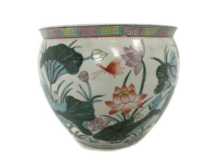 Vintage Chinese Porcelain Enamel  Koi Fish Bowl Planter Vase Butterflies Flowers Cachepot