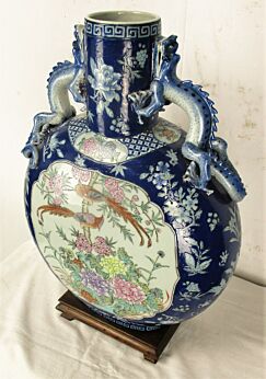 Large Chinese Famille Rose Porcelain Moon Flask Vase Dragon Birds Handles 20.1"