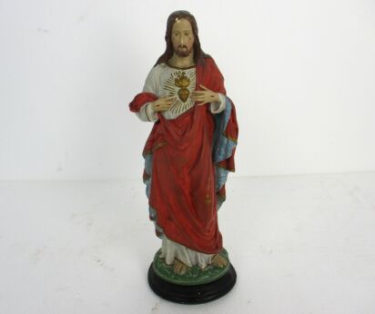 Antique Statue Jesus Christ Savior Sacred Heart Neo Gothic 1900s Plaster 16.53"