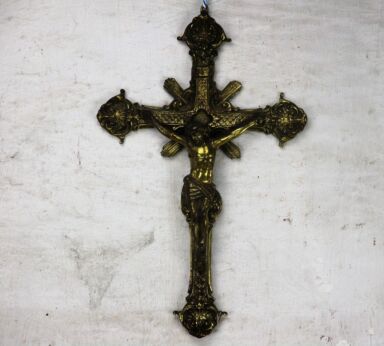 Vintage French Hanging Ornate Crucifix Cross Brass Jesus Christ Savior 14.17"