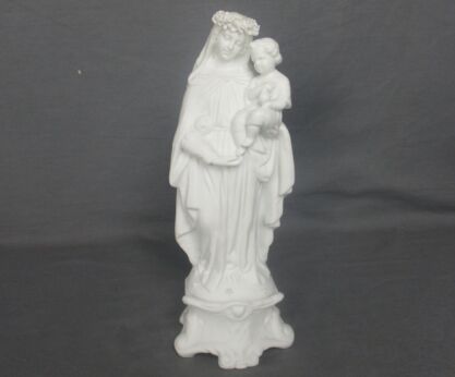 Antique Bisque Porcelain Statue Figurine Virgin Mary Madonna with Infant Jesus Flower Wreath 10.62"