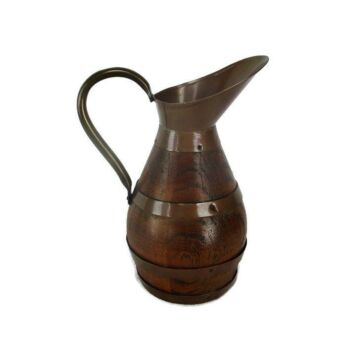 Antique small Mini Wooden Brass Hoops Wine Pitcher Jar Primitive Ewer Decorative Ornate