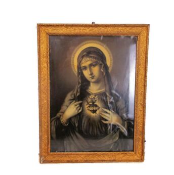 Wooden Plaster Ornate Frame Sacred Heart Virgin Mary Madonna Vintage Print