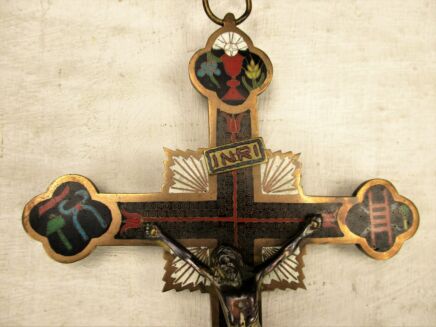 Antique bronze Enamel Hanging Crucifix Tools Of Passion Gorgeous HTF 10.03"