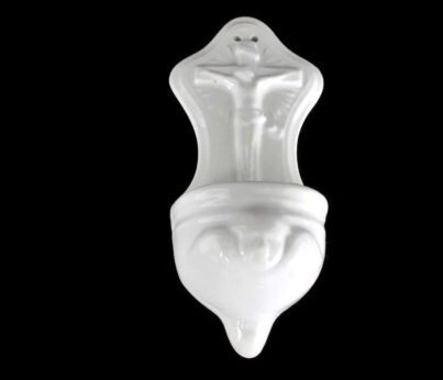 Antique White Holy Water Font Vessel Christ Porcelain Wall Hanging Crucifix