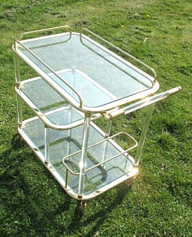 Bar Cart Cocktail Entertainment Cart Trolley Mid Century Gold Glass Handle Rare