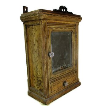 Vintage hand Carved Wood Inlay Medicine Wall Cabinet Apothecary Beveled glass