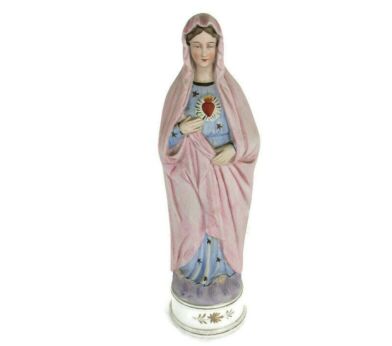 Vintage Statue Bisque Porcelain Virgin Mary Madonna Holy Sacred Heart Polychrome 12.2"
