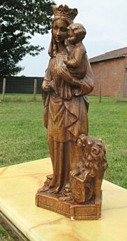 Antique Virgin Mary Madonna with Child Plaster Statuette Flanders Lion