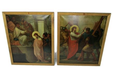 Complete Set Antique Paintings Stations of the Cross 14 Pieces Church Altar