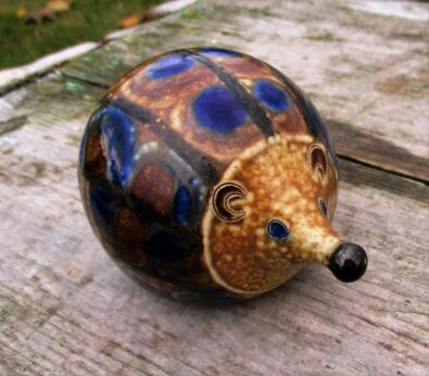 Sweet Ceramic Figurine Hedgehog Blue Glazed Markedely