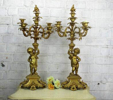 Couple Antique 19th C XL Candelabras 6 arm Rococo Putti Cherubs Bronze Doré