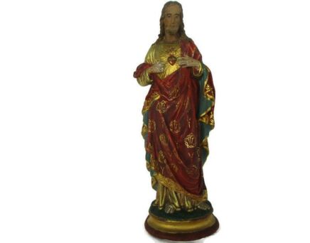 Antique Statue Jesus Christ Sacred Heart Neo Gothic 1900 Polychrome 16.53" Gorgeous painting