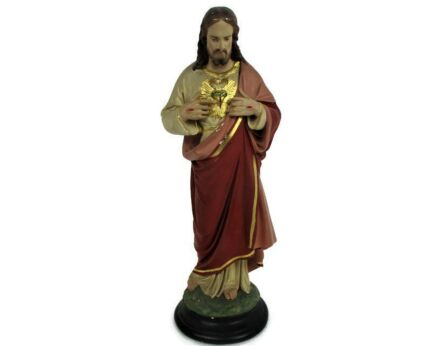 Antique Statue Jesus Christ Savior Sacred Holy Heart Plaster Polychrome Art Deco 1920s 15.74"