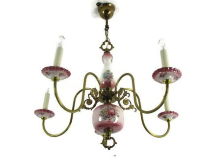 Chandelier 5 Arms Lights Ceramic Porcelain Ceramic Brass Italian Pink Flowers