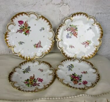 set of 4 French Limoges Plates Marked A&L Gold Rim Flowers Decorative Scalloped