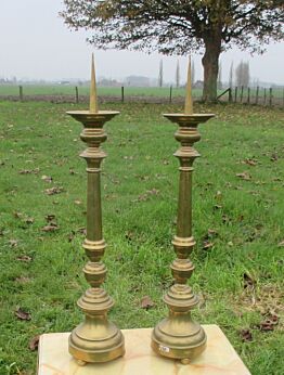 Pair Large Antique late 18th Century Church Altar Brass Candle Holders Mass