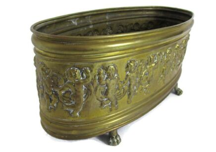 Hammered Brass   Planter Jardinière Ornate Embossed Centerpiece Legged  Putti Gorgeous