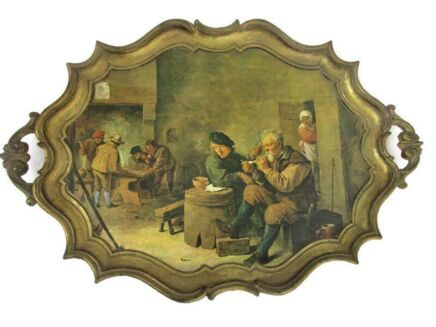 Mid Century Italy Hollywood Regency Florentine Serving Tray Breughel scene tavern Resin