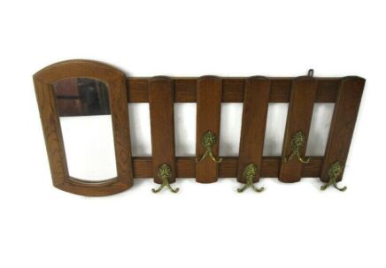 Mid Century Modern Wood Wall Shelf Coat Hat Kitchen Rack with Mirror French Oak