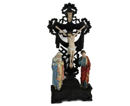 Vintage Calvary Crucifix Christ Plaster Wood Ormulu Gorgeous Jesus Christ Cross Mary Magdalene Saint John Plaster statues