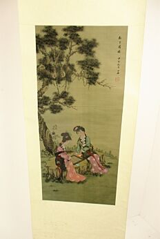 Vintage Chinese Silk Painting Scroll With Box Marked Signed