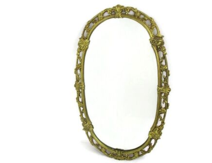 Large Ornate Oval Brass Wall Hanging Mirror Hollywood Regency Gorgeous WOW