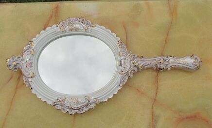Vintage Italian Bassano Hand Mirror Ceramics Ornate Flowers Pink Romantic NOS