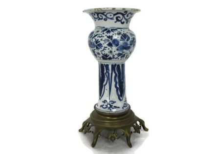 Vase Delft Holland Blue White Porcelain Brass Base Centerpiece Hand Painted Rare HTF