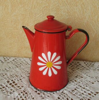 Vintage Tin Enamel Blue Teapot Pot with Flower Design Toleware Retro
