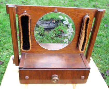 Antique French Wood Medicine Cabinet etched Glass mirror set Brushes Drawer Nice
