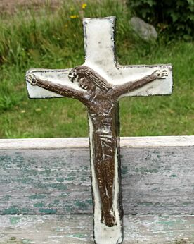 Mid Century Design Ceramic Modernist Crucifix White Marked era Perignem Amphora