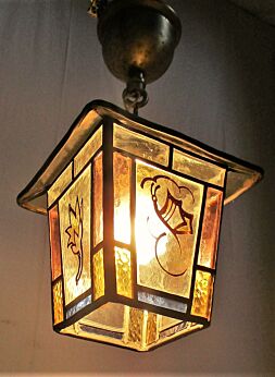 Small Vintage French Lantern Pendant Butterfly Amber Leaded Stained Glass HTF
