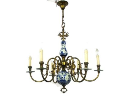 Delft Blue White Porcelain Ornate Brass Chandelier Eagle 6 Arm 6 Lights Barn