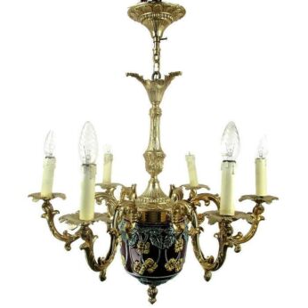 Gorgeous Brass embossed Chandelier Pendant Ceramic Base 6 arm French Empire HTF